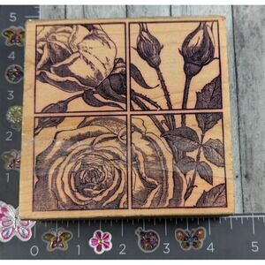 Magenta Flower Rosebud Squares Art Rubber Stamp Wood #E15